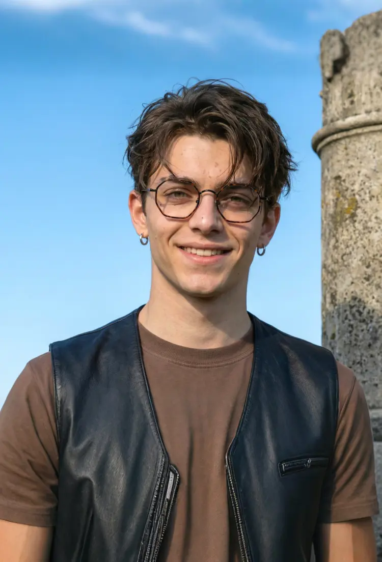 Male model wearing  vintage tortoise geometric tr90 eyeglasses outdoors beside a weathered ancient stone pillar. SPU: GR0102308